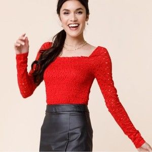 NWT Mi Ami Floral Lace Red Shirred Small Long sleeve Blouse